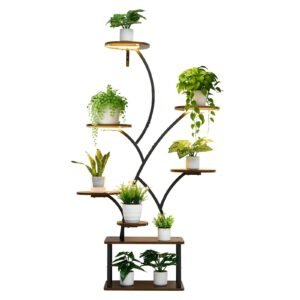 plant stand indoor with grow lights, 62 in tall 8 tier lighted plant shelf, metal corner plants holder, 3 timer & 10 brightness, tree shaped flower display rack for living room balcony decor