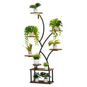 plant stand indoor with grow lights, 62 in tall 8 tier lighted plant shelf, metal corner plants holder, 3 timer & 10 brightness, tree shaped flower display rack for living room balcony decor