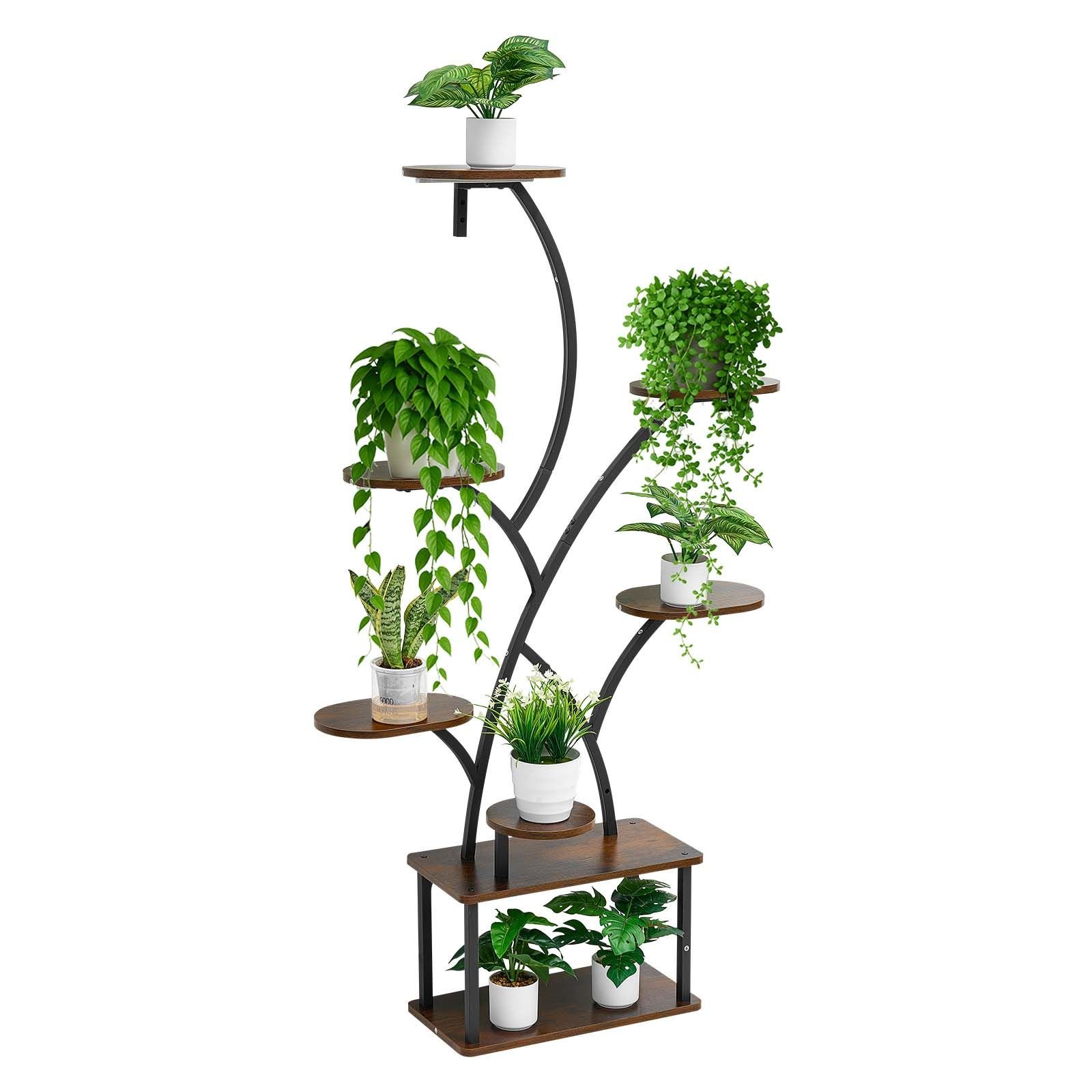 plant stand indoor with grow lights, 62 in tall 8 tier lighted plant shelf, metal corner plants holder, 3 timer & 10 brightness, tree shaped flower display rack for living room balcony decor
