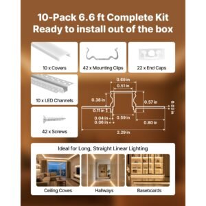 plaster in led aluminum channel, 10 pack 6.6 ft/2m, trimless recessed drywall led strip diffuser channel, with milky cover, end caps and mounting clips, aluminum profile, for wall and ceiling