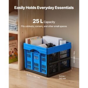 plastic collapsible storage bins, 25l 3 packs, stackable folding storage crates with handles, holds 22 lbs per bin, foldable heavy duty containers, space saving baskets, for home organizing