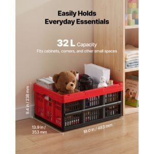 plastic collapsible storage bins, 32l 3 packs, stackable folding storage crates with handles, holds 26 lbs per bin, foldable heavy duty containers, space saving baskets, for home organizing