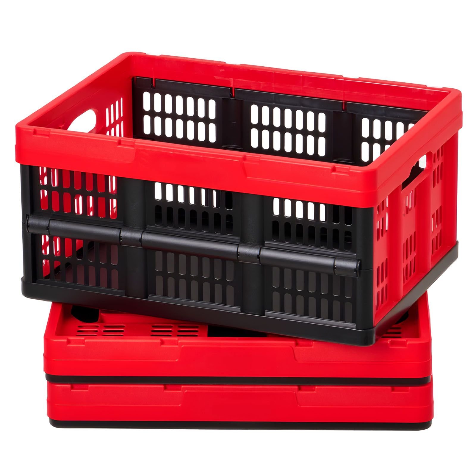 plastic collapsible storage bins, 32l 3 packs, stackable folding storage crates with handles, holds 26 lbs per bin, foldable heavy duty containers, space saving baskets, for home organizing