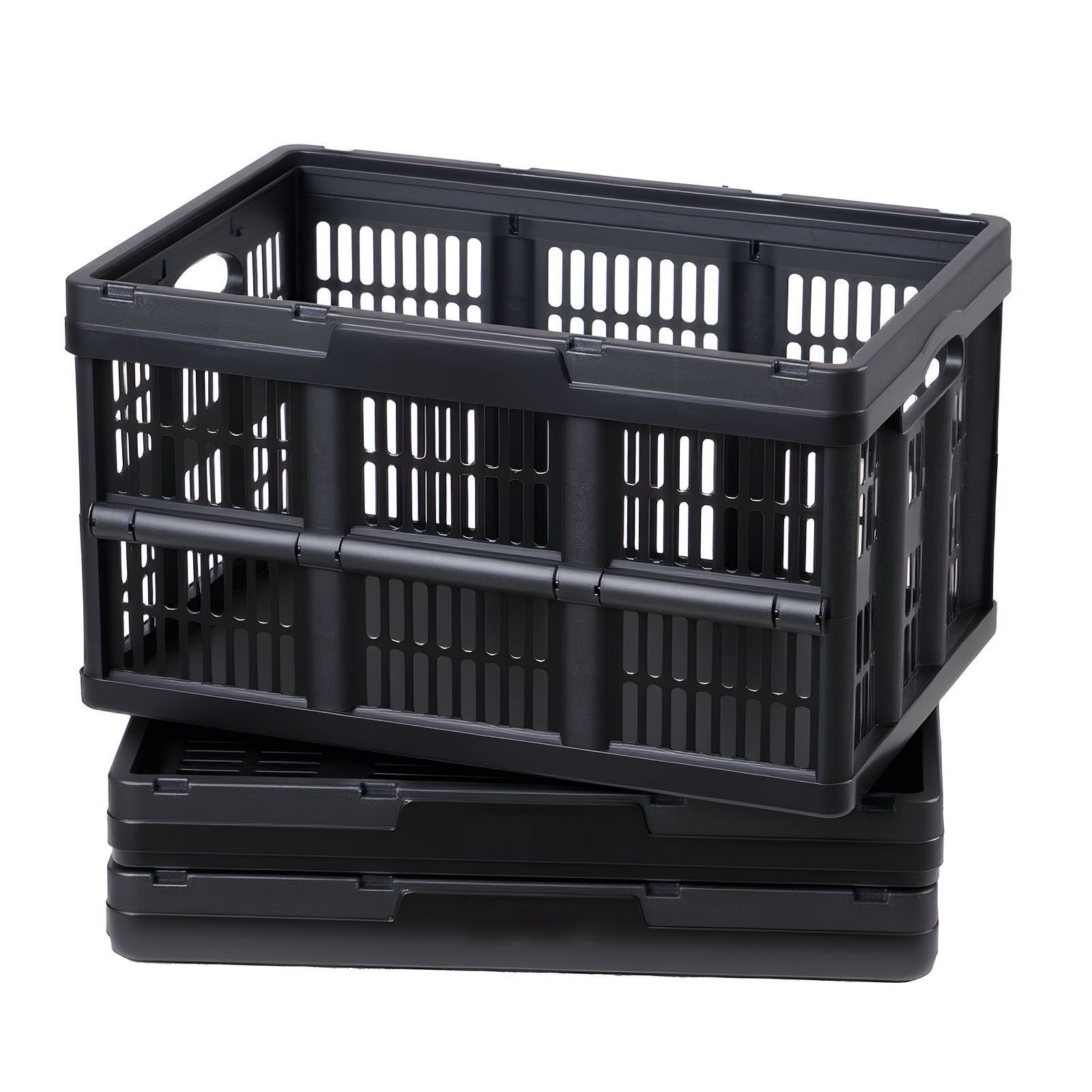 plastic collapsible storage bins, 45l 3 packs, stackable folding storage crates with handles, holds 33 lbs per bin, foldable heavy duty containers, space saving baskets, for home organizing