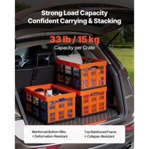 plastic collapsible storage bins, 45l 6 packs, stackable folding storage crates with handles, holds 33 lbs per bin, foldable heavy duty containers, space saving baskets, for home organizing