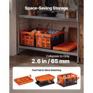 plastic collapsible storage bins, 45l 6 packs, stackable folding storage crates with handles, holds 33 lbs per bin, foldable heavy duty containers, space saving baskets, for home organizing
