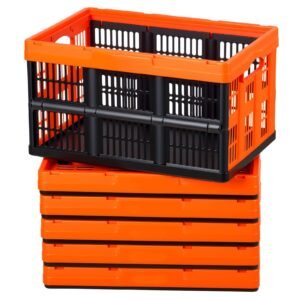 Plastic Collapsible Storage Bins, 45L 6 Packs, Stackable Folding Storage Crates with Handles, Holds 33 lbs Per Bin, Foldable Heavy Duty Containers, Space-Saving Baskets, for Home Organizing