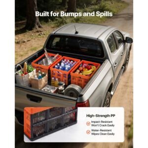 plastic collapsible storage bins, 45l 6 packs, stackable folding storage crates with handles, holds 33 lbs per bin, foldable heavy duty containers, space saving baskets, for home organizing