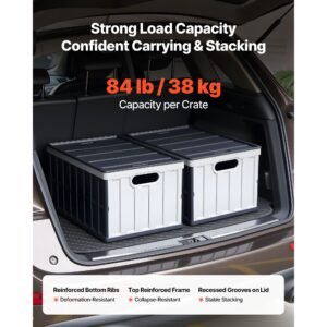 plastic collapsible storage bins with lids, 65l 2 packs, stackable folding storage crates with handles, holds 84 lbs per bin, heavy duty containers, space saving baskets, for home organizing