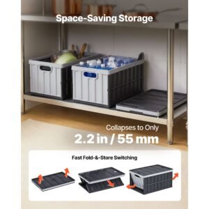 plastic collapsible storage bins with lids, 65l 2 packs, stackable folding storage crates with handles, holds 84 lbs per bin, heavy duty containers, space saving baskets, for home organizing