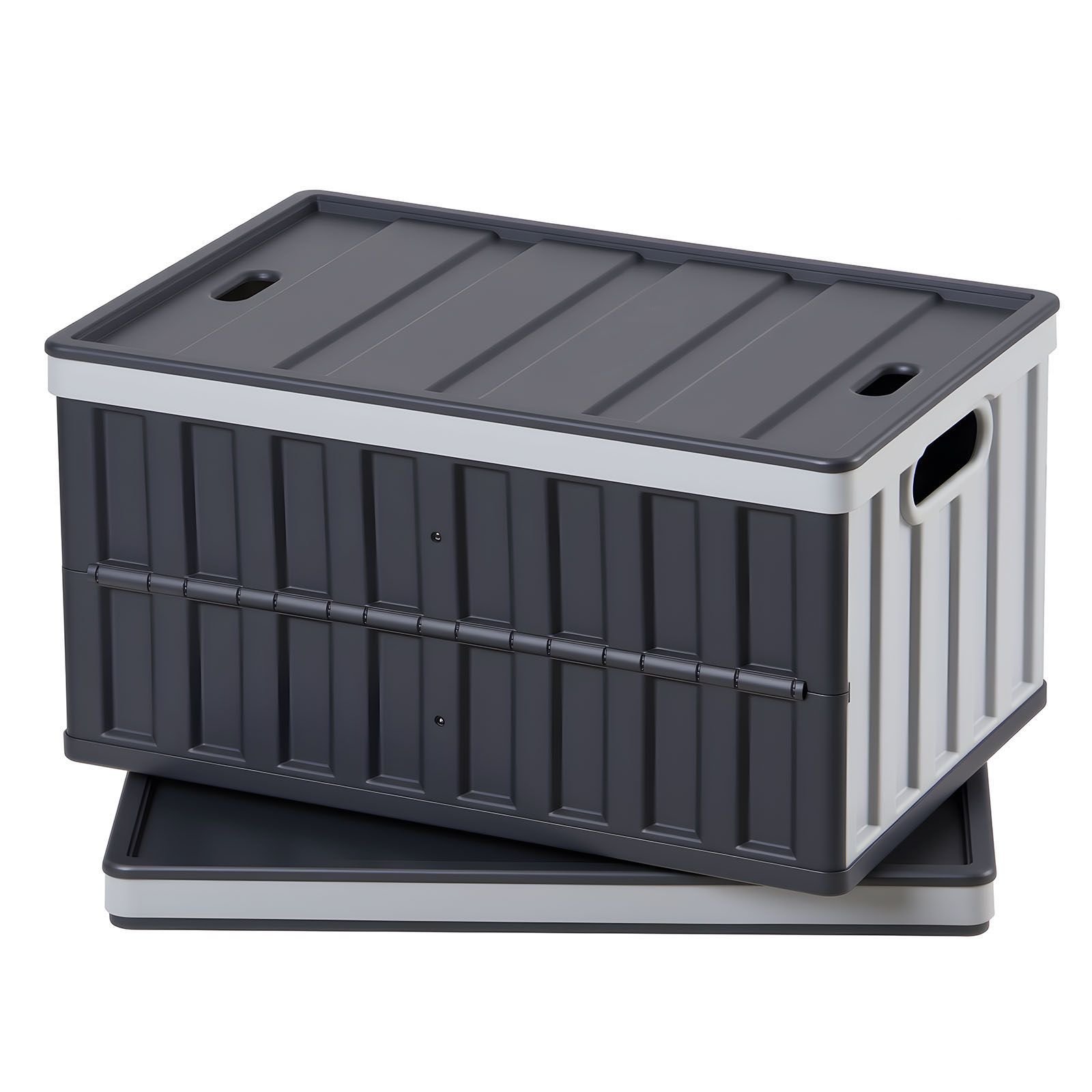 plastic collapsible storage bins with lids, 65l 2 packs, stackable folding storage crates with handles, holds 84 lbs per bin, heavy duty containers, space saving baskets, for home organizing