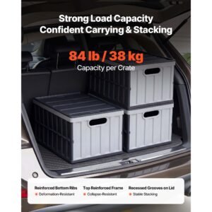 plastic collapsible storage bins with lids, 65l 3 packs, stackable folding storage crates with handles, holds 84 lbs per bin, heavy duty containers, space saving baskets, for home organizing