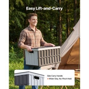 plastic collapsible storage bins with lids, 65l 3 packs, stackable folding storage crates with handles, holds 84 lbs per bin, heavy duty containers, space saving baskets, for home organizing