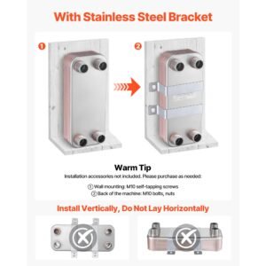 plate heat exchanger, 5 x 12 in brazed plate water to water heat exchanger with 20 plates, mounting bracket, sturdy stainless steel construction, 170 330k btu for boiler, radiant floor heating