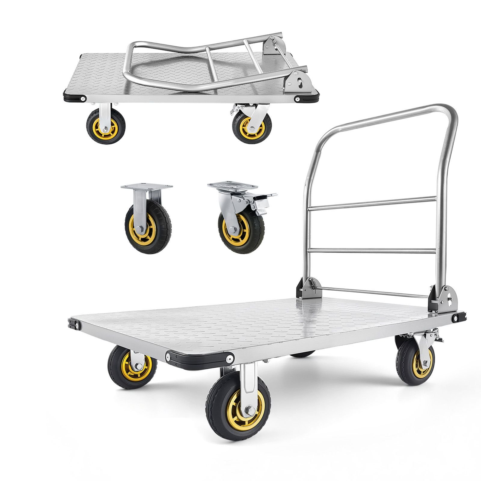 platform truck, 2000 lbs capacity, heavy duty steel flatbed cart with swivel wheels and handle, foldable platform hand push truck dolly, for groceries, garage, warehouse, 35.4 x 23.6 x 35.4 in