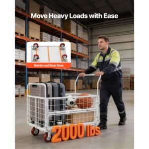 platform truck cart with cage, 2000 lbs capacity, 6 in 1 foldable flatbed cart with swivel wheels, heavy duty hand truck, multi functional push dolly, for grocery laundry, 44.5 x 26.6 x 42.1 in