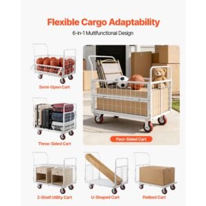 platform truck cart with cage, 2000 lbs capacity, 6 in 1 foldable flatbed cart with swivel wheels, heavy duty hand truck, multi functional push dolly, for grocery laundry, 44.5 x 26.6 x 42.1 in