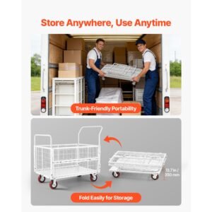 platform truck cart with cage, 2000 lbs capacity, 6 in 1 foldable flatbed cart with swivel wheels, heavy duty hand truck, multi functional push dolly, for grocery laundry, 44.5 x 26.6 x 42.1 in