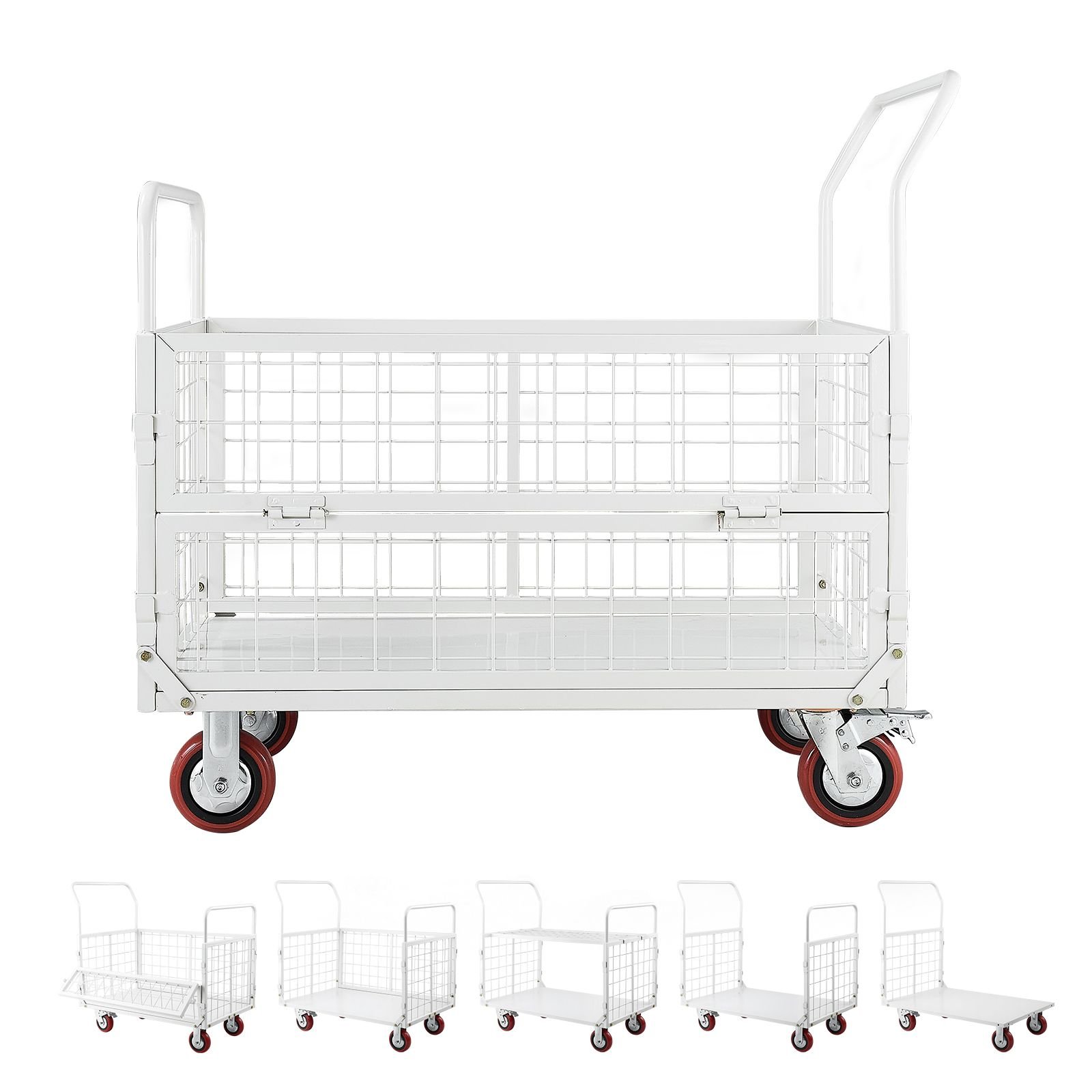 platform truck cart with cage, 2000 lbs capacity, 6 in 1 foldable flatbed cart with swivel wheels, heavy duty hand truck, multi functional push dolly, for grocery laundry, 44.5 x 26.6 x 42.1 in