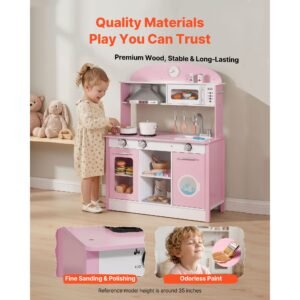 play kitchen for kids, wooden, kids kitchen playset with real lights & sounds, food & cookware accessories, pretend play toy set, range hood, microwave, for toddlers, girls & boys ages 3 8, pink