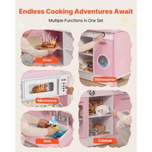 play kitchen for kids, wooden, kids kitchen playset with real lights & sounds, food & cookware accessories, pretend play toy set, range hood, microwave, for toddlers, girls & boys ages 3 8, pink