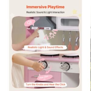 play kitchen for kids, wooden, kids kitchen playset with real lights & sounds, food & cookware accessories, pretend play toy set, range hood, microwave, for toddlers, girls & boys ages 3 8, pink