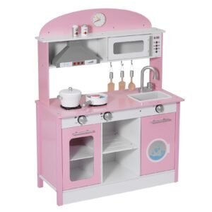 Play Kitchen for Kids, Wooden, Kids Kitchen Playset with Real Lights & Sounds, Food & Cookware Accessories, Pretend Play Toy Set, Range Hood, Microwave, for Toddlers, Girls & Boys Ages 3-8, Pink