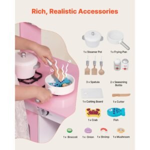 play kitchen for kids, wooden, kids kitchen playset with real lights & sounds, food & cookware accessories, pretend play toy set, range hood, microwave, for toddlers, girls & boys ages 3 8, pink