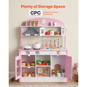 play kitchen for kids, wooden, kids kitchen playset with real lights & sounds, food & cookware accessories, pretend play toy set, range hood, microwave, for toddlers, girls & boys ages 3 8, pink