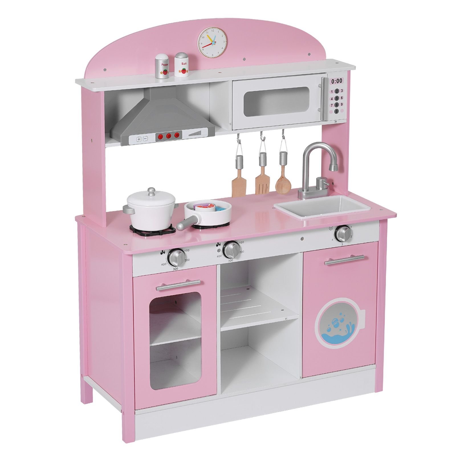 play kitchen for kids, wooden, kids kitchen playset with real lights & sounds, food & cookware accessories, pretend play toy set, range hood, microwave, for toddlers, girls & boys ages 3 8, pink