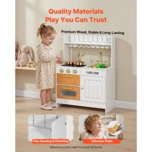 play kitchen for kids, wooden, kids kitchen playset with real lights & sounds, food & cookware accessories, pretend play toy set, sink, oven, stove, cabinet, for toddlers, girls & boys ages 3 8