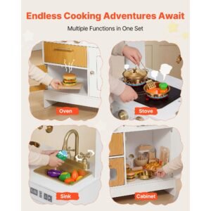 play kitchen for kids, wooden, kids kitchen playset with real lights & sounds, food & cookware accessories, pretend play toy set, sink, oven, stove, cabinet, for toddlers, girls & boys ages 3 8