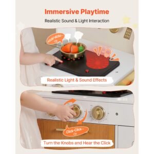 play kitchen for kids, wooden, kids kitchen playset with real lights & sounds, food & cookware accessories, pretend play toy set, sink, oven, stove, cabinet, for toddlers, girls & boys ages 3 8