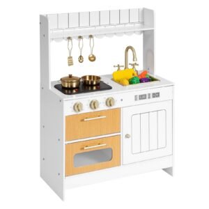 Play Kitchen for Kids, Wooden, Kids Kitchen Playset with Real Lights & Sounds, Food & Cookware Accessories, Pretend Play Toy Set, Sink, Oven, Stove, Cabinet, for Toddlers, Girls & Boys Ages 3-8