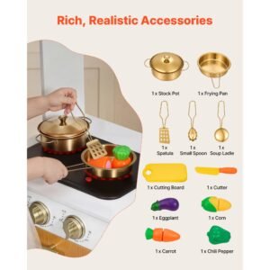 play kitchen for kids, wooden, kids kitchen playset with real lights & sounds, food & cookware accessories, pretend play toy set, sink, oven, stove, cabinet, for toddlers, girls & boys ages 3 8