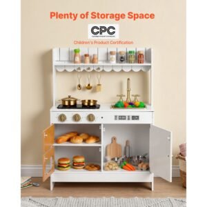 play kitchen for kids, wooden, kids kitchen playset with real lights & sounds, food & cookware accessories, pretend play toy set, sink, oven, stove, cabinet, for toddlers, girls & boys ages 3 8