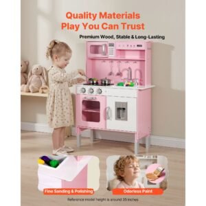play kitchen for kids, wooden, kids kitchen playset with real lights & sounds, food & cookware, pretend play toy set, microwave, oven, clicking knobs, for toddlers, girls & boys ages 3 8, pink