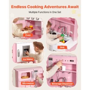 play kitchen for kids, wooden, kids kitchen playset with real lights & sounds, food & cookware, pretend play toy set, microwave, oven, clicking knobs, for toddlers, girls & boys ages 3 8, pink