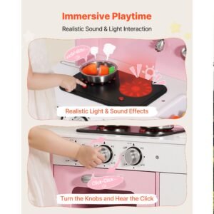 play kitchen for kids, wooden, kids kitchen playset with real lights & sounds, food & cookware, pretend play toy set, microwave, oven, clicking knobs, for toddlers, girls & boys ages 3 8, pink