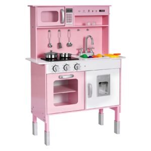 Play Kitchen for Kids, Wooden, Kids Kitchen Playset with Real Lights & Sounds, Food & Cookware, Pretend Play Toy Set, Microwave, Oven, Clicking Knobs, for Toddlers, Girls & Boys Ages 3-8, Pink