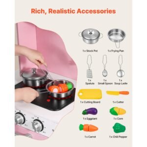 play kitchen for kids, wooden, kids kitchen playset with real lights & sounds, food & cookware, pretend play toy set, microwave, oven, clicking knobs, for toddlers, girls & boys ages 3 8, pink