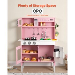 play kitchen for kids, wooden, kids kitchen playset with real lights & sounds, food & cookware, pretend play toy set, microwave, oven, clicking knobs, for toddlers, girls & boys ages 3 8, pink