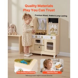 play kitchen for kids, wooden, kids kitchen playset with realistic lights & sounds, food & cookware, modern style pretend play toy set, ice maker, microwave, for toddlers, girls & boys ages 3 8