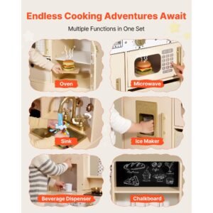 play kitchen for kids, wooden, kids kitchen playset with realistic lights & sounds, food & cookware, modern style pretend play toy set, ice maker, microwave, for toddlers, girls & boys ages 3 8