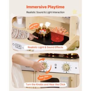 play kitchen for kids, wooden, kids kitchen playset with realistic lights & sounds, food & cookware, modern style pretend play toy set, ice maker, microwave, for toddlers, girls & boys ages 3 8