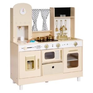 Play Kitchen for Kids, Wooden, Kids Kitchen Playset with Realistic Lights & Sounds, Food & Cookware, Modern Style Pretend Play Toy Set, Ice Maker, Microwave, for Toddlers, Girls & Boys Ages 3-8
