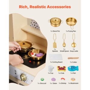 play kitchen for kids, wooden, kids kitchen playset with realistic lights & sounds, food & cookware, modern style pretend play toy set, ice maker, microwave, for toddlers, girls & boys ages 3 8