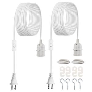 Plug in Hanging Light Cord Kit, 16ft Lantern Extension Cords, 2 Pack E26 Light Socket Lamp Cord Replacement, Secure & Sturdy, Easy to Install, Pendant Lamp Kit On/Off Switch & Socket Rings