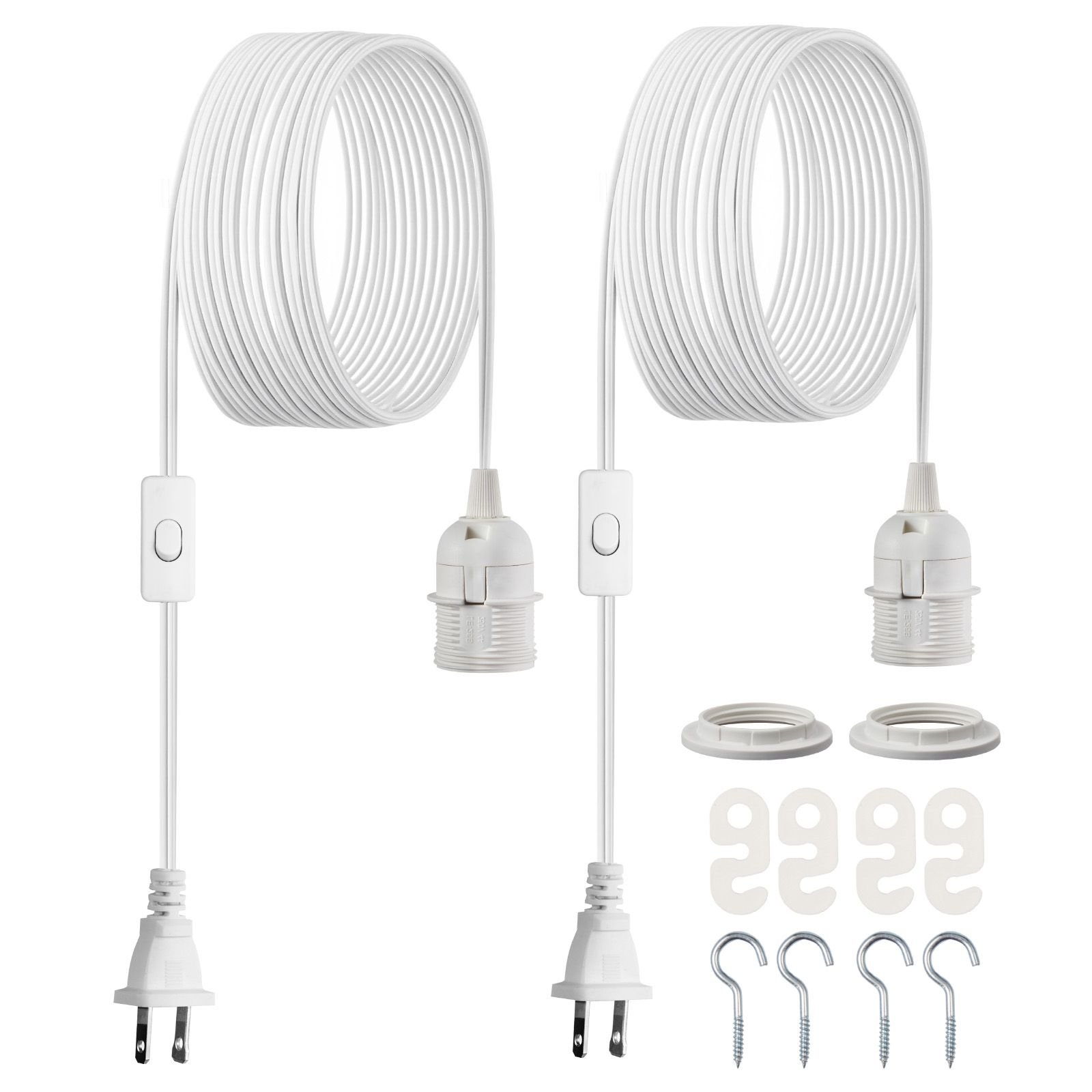plug in hanging light cord kit, 16ft lantern extension cords, 2 pack e26 light socket lamp cord replacement, secure & sturdy, easy to install, pendant lamp kit on/off switch & socket rings