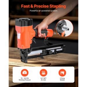 pneumatic staple gun, 16 gauge 1 inch wide crown pneumatic stapler 5/8" to 1 1/2" length, 70 120psi air staple gun with two firing modes for roof decking, wall sheathing, fencing, subflooring